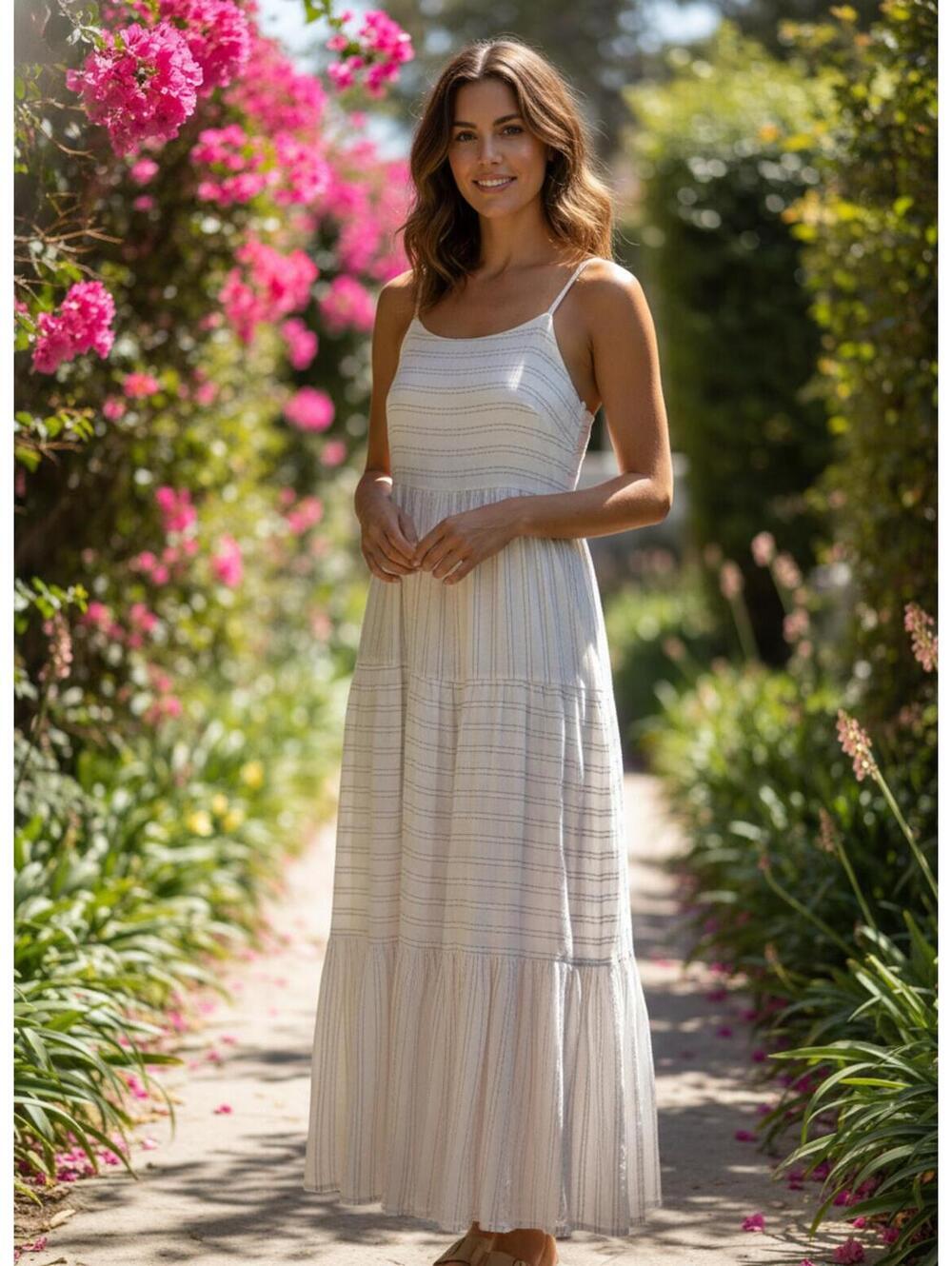 Dex White/Tan Mix Patterned Tiered Maxi Dress with Tied Back Small